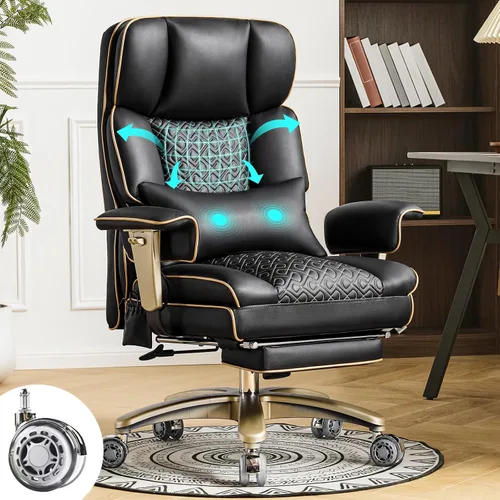 Miniatura 11 de Silla de oficina resistente con reposapiés de respaldo alto, silla de oficina de piel sintética con soporte lumbar ajustable, silla de escritorio