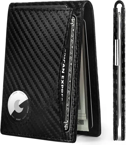 Billetera AirTag Cartera delgada minimalista con bolsillo frontal para hombre con clip para dinero para Apple AirTag, cuero de grano completo