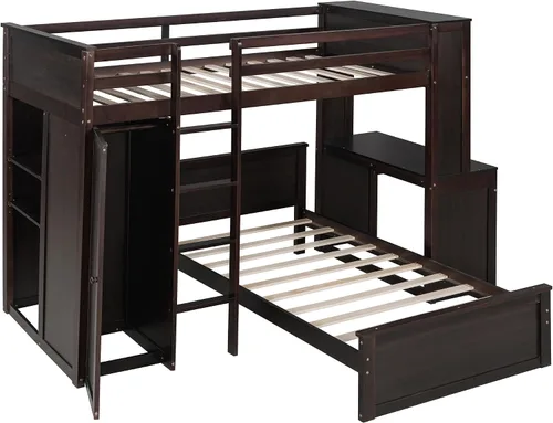 Miniatura 5 de Litera individual sobre individual con escritorio, armario y estantes, marco de cama tipo loft de madera maciza con una cama independiente, literas