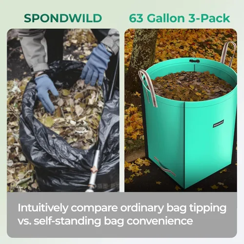 Miniatura 7 de Bolsa de basura reutilizable de 63 galones para patio, bolsa de polietileno duradera con 4 asas reforzadas, contenedor de jardín portátil plegable