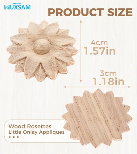 Miniatura 2 de MUXSAM Paquete de 10 rosetas de madera, apliques pequeños onlay, sin pintar, calcomanías redondas de tallado de flores para el hogar, armarios
