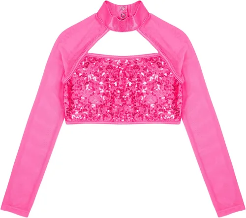 Miniatura 3 de YiZYiF Camiseta deportiva de manga larga con lentejuelas para niños y niñas, estilo hip hop, danza, cuello alto falso, ropa deportiva