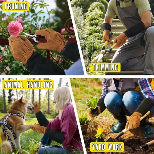 Miniatura 6 de HANDLANDY Guantes de jardinería de cuero para hombres y mujeres, guantes de jardín a prueba de espinas para poda de rosas, guantes de manopla