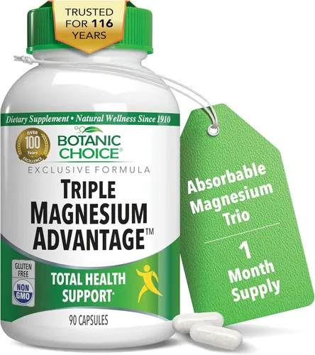 Botanic Choice Triple ventaja de magnesio - Suplemento complejo de citrato de aspartato de magnesio y lactato para la salud nerviosa, digestiva,
