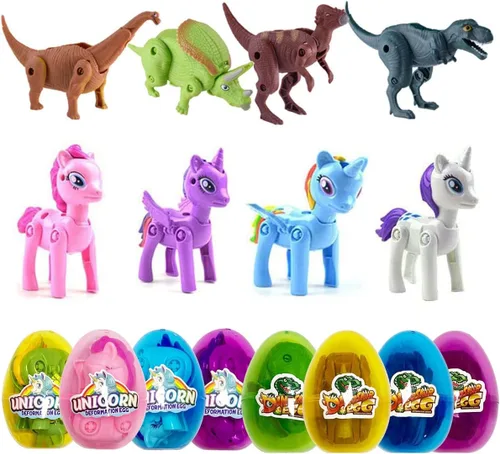 Pinkiwine Paquete de 8 huevos de Pascua de plástico rellenos de unicornio y dinosaurio con juguetes en el interior para niños y niñas pequeños