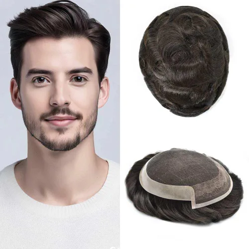 Miniatura 22 de Toupee Hair System For Men Real Human Hair Swiss Lace Mens Toupee Men Hair Replacement System Natural Hairline Mens Hairpieces 6X8"-80% light