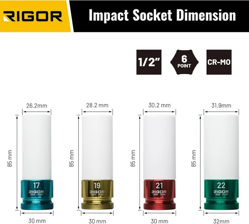 Miniatura 3 de RIGOR 11516 Juego de llaves de tuerca de llanta sin marcas Juego de llaves de impacto con protector de rueda Unidad de 1/2 pulgada, 6 puntos