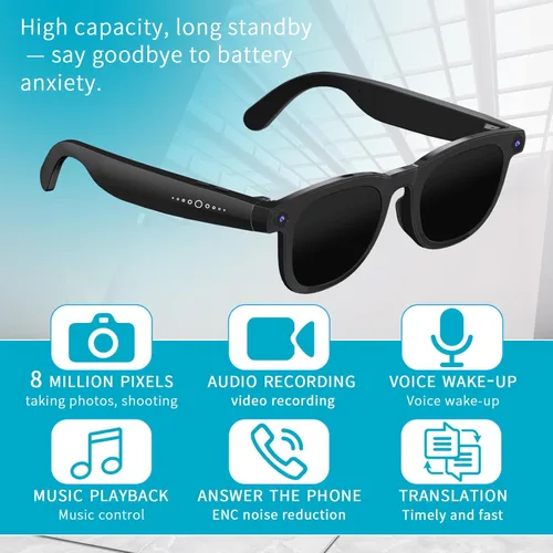 Miniatura 4 de Lentes inteligentes con cámara e IA, gafas de grabación de fotos y video de 8 MP con estabilización de imagen, traducción en vivo y control de voz