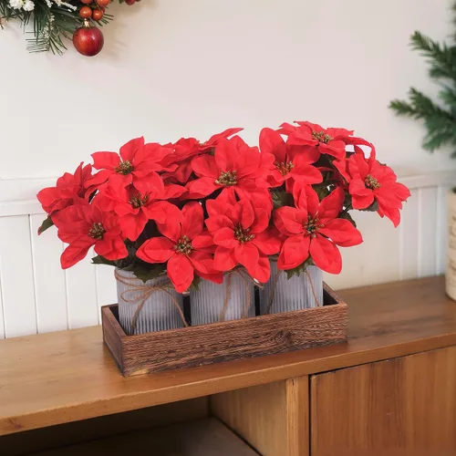 Miniatura 6 de Flores de Pascua Artificiales Decoraciones Navideñas – Paquete de 3 Flores de Pascua Rojas en Macetas de Metal Galvanizado con Caja de Madera