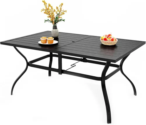Miniatura 14 de PHI VILLA Mesa rectangular de comedor con listones de acero metálico para 6 personas con agujero ajustable para paraguas, resistente a la intemperie