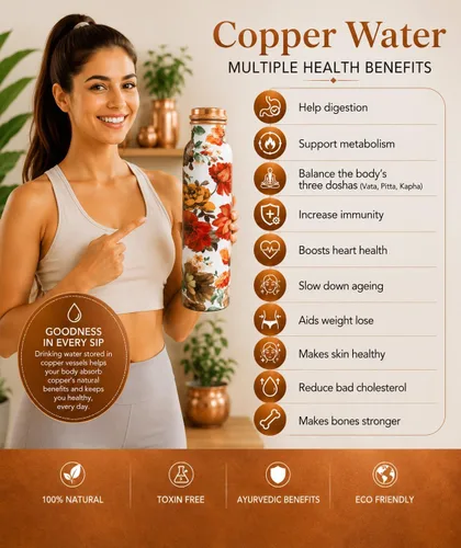 Miniatura 4 de Botella de agua de cobre puro – Hecho a mano – Beneficios para la salud Ayurveda – Grande 34 oz – A prueba de fugas – Fácil de llevar para deportes