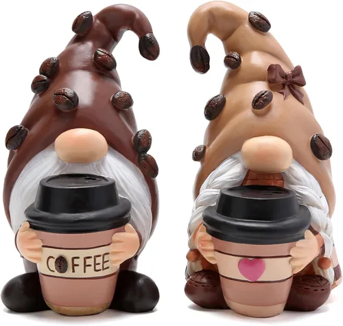Hodao Figuras de gnomo de café, decoración de interior de resina pintada a mano, juego de 2 bonitas decoraciones de cafetería, adornos perfectos
