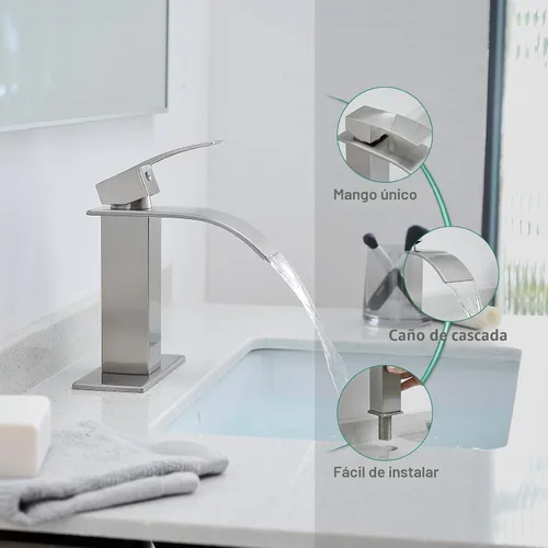 Miniatura 6 de VOTON Grifos de Baño Cascada Níquel Cepillado Modernos de Una Sola Manija Grifo de Lavabo para 1 o 3 Orificios con Placa de Cubierta y Desagüe