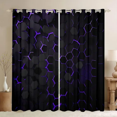 Miniatura 43 de Manfei Cortinas opacas negras de panal de abeja con luces de neón azul real, tratamientos de ventana con estampado geométrico hexagonal, decoración