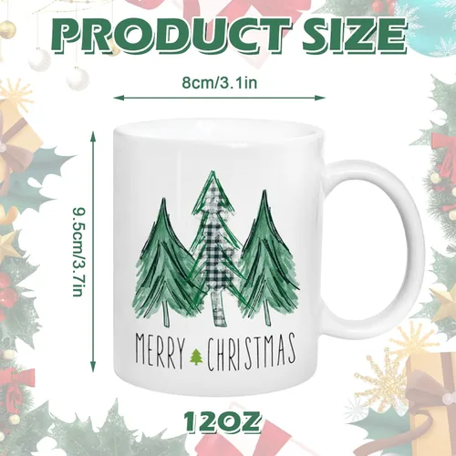 Miniatura 2 de Whaline Juego de 2 tazas de Navidad de 12 onzas con acuarela, a cuadros, árbol de Navidad, camión, taza de café, tazas de cerámica para fiesta