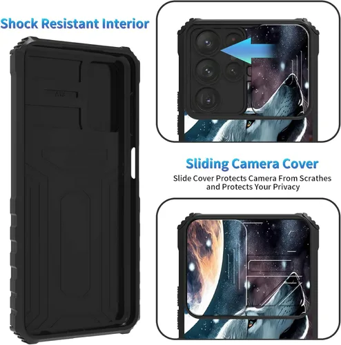 Miniatura 1071 de Funda para Samsung Galaxy S22 Ultra 5G, Galaxy S22 Ultra con cubierta de cámara deslizante, funda resistente de doble capa con función atril Black