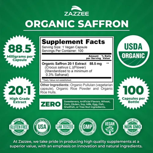 Miniatura 3 de Zazzee USDA Extracto orgánico 20:1 de azafrán, 88.5 mg, 0.3% safranal, 100 cápsulas veganas, suministro para más de 3 meses, extracto concentrado