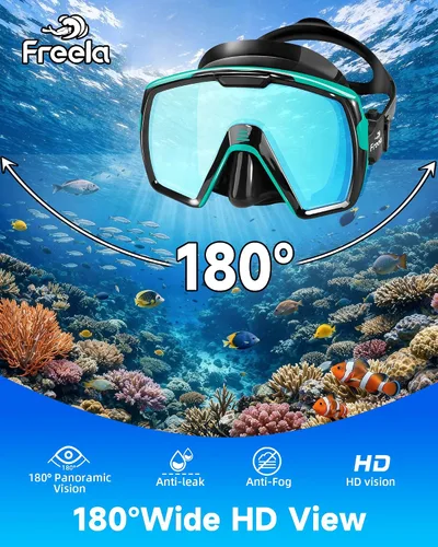 Miniatura 2 de Freela Adult Snorkel Diving Mask with Nose Cover, Tempered Glass Anti Fog Waterproof 180° Panoramic Wide View Scuba Free Diving Goggles for Men Women