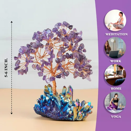 Miniatura 6 de Árbol de cristal de amatista con base de racimo de titanio arcoíris de Crocon, árbol de la vida para estante, dormitorio, regalos de cumpleaños