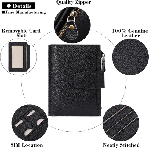 Miniatura 5 de FALAN MULE - Cartera de cuero auténtico para mujer, pequeña, plegable y compacta, con bloqueo de interferencia de radiofrecuencia (RFID)