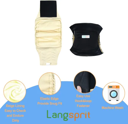 Miniatura 4 de Langsprit Bandas para el vientre masculino para perros (paquete de 3) – Envolturas de alta absorción para perros machos lavables – Pañales Negro