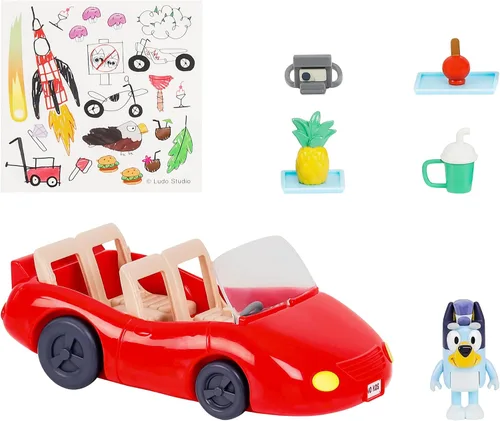 Bluey Figura (2.5 pulgadas) y juego de vehículo convertible de escape, robusto auto de juguete para niños con 4 accesorios y calcomanías, juguetes