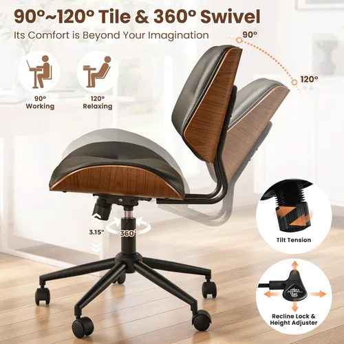 Miniatura 5 de ovios Silla de oficina en casa con ruedas, moderna silla de escritorio giratoria de piel sintética, respaldo medio, altura ajustable, sillas de botón