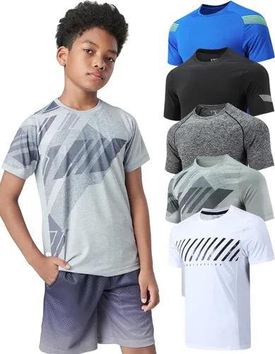 Paquete de 5 camisetas deportivas para niños, camisetas de ajuste seco para niños, camisetas de manga corta, ropa deportiva a granel para