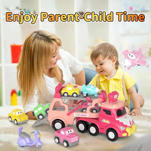 Miniatura 6 de newcrave - Juguetes de camiones para niñas de 1, 2, 3 años, juguetes de autos transportadores 7 en 1 para niñas pequeñas de 1-2, 2-3 años, juguete