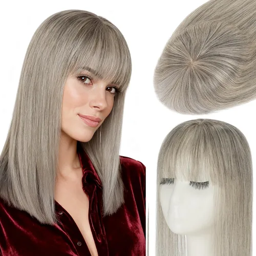 Miniatura 12 de Rich Choices Toppers de cabello humano para mujer, 100% real Remy con flequillo 3D de 360°, densidad del 150% mejorada, 3.5 x 4.7 in, base de encaje
