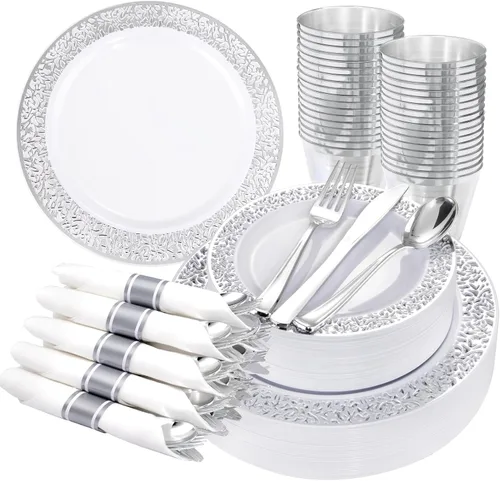 Miniatura 11 de WELLIFE 350 platos de plástico de oro rosa para 50 invitados, juego de vajilla de plástico, suministros para fiestas incluye 100 platos de oro rosa