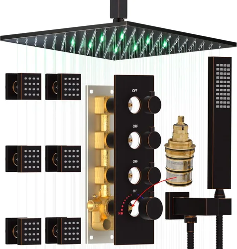 Miniatura 10 de HOMEDEC Sistema de ducha de lluvia LED de 16 pulgadas, válvula desviadora termostática de 3 vías con 6 pulverizadores corporales, todas las Negro