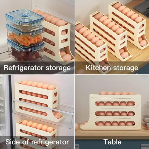 Miniatura 6 de Organizador Automático de Huevos con Ruedas para Refrigerador, Organizador de Nevera, Portahuevos Ahorrador de Espacio para Nevera, Capacidad