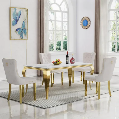 Miniatura 60 de Moderno juego de mesa de comedor de mármol sintético de 68.11 pulgadas para 6, mesa de comedor de mármol blanco y plateado con 6 sillas de Blanco