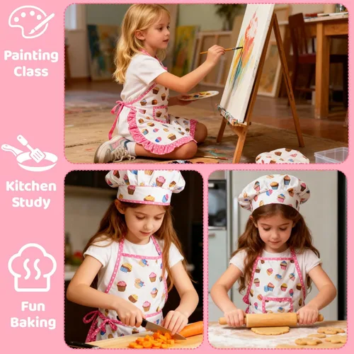 Miniatura 4 de Juego de 2 piezas de delantal y gorro de chef para niños, atuendo ajustable de cocina y horneado para niños, disfraz de juego de rol para niños de 3