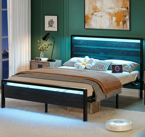 Miniatura 18 de VINGLI Base de cama de plataforma individual con cabecero y estribo LED, estación de carga USB, cama de panel de metal con espacio de almacenamiento