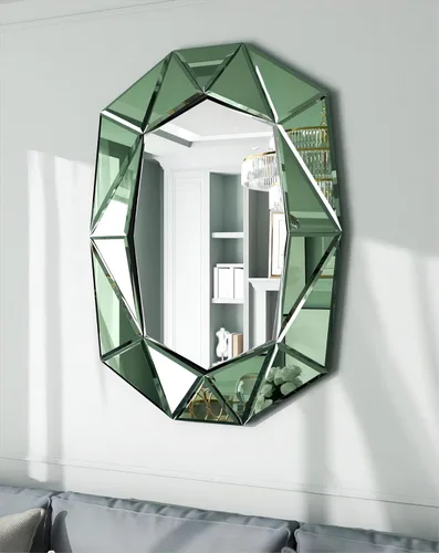 Espejo de pared ovalado con forma de diamante, elegante marco de cristal, 40 x 28 pulgadas, color verde