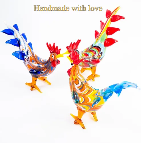 Miniatura 9 de Mini figuras de gallo de pollo de vidrio soplado, hechas a mano, pequeño compañero lindo coleccionable para adorno de escritorio (rojo)