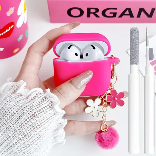 Miniatura 20 de Bonita funda negra para Airpods de 2ª/1ª generación para niñas y mujeres, con llavero de pompón de flores y kit de limpieza, funda protectora tipo