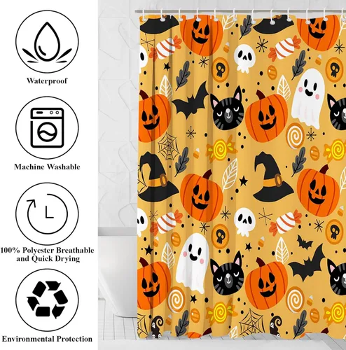 Miniatura 8 de Mocsicka Juego de 4 cortinas de ducha de Halloween para baño, juego de baño de calabaza y fantasma de dibujos animados con alfombras