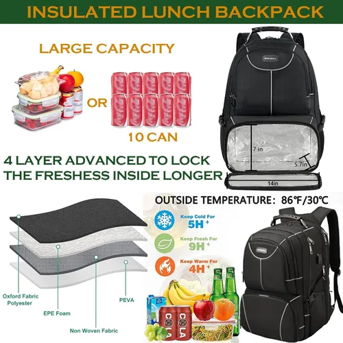 Miniatura 2 de Mochila extra grande para hombre, mochila para laptop con lonchera térmica aislada, mochila de viaje de 15.6 pulgadas con puerto de carga USB
