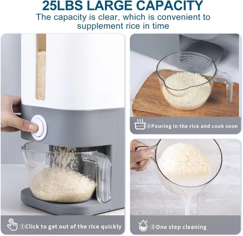Miniatura 4 de Rubtlamp Dispensador de Arroz Gris de 22.5-25 Libras, Contenedor de Arroz con Tapa, Contenedor de Almacenamiento de Arroz con Taza Medidora