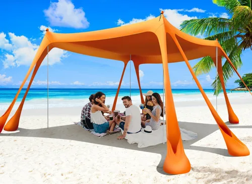 Miniatura 8 de Tienda de campaña de playa, toldo de playa de 10 x 10 pies, toldo de playa fácil de desplegar portátil UPF50+ con 8 sacos de arena, 2 palas