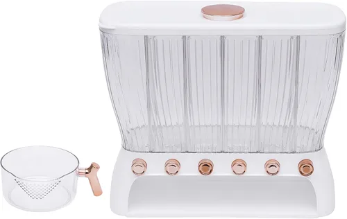 Dispensador de alimentos secos, dispensador de cereales de 6 rejillas montado en la pared con tolva de taza medidora, compartimento ajustable,