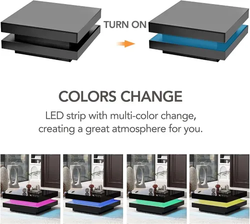 Miniatura 8 de Mesa de centro cuadrada moderna con iluminación LED de 16 colores, mesa central de 2 niveles, mesa de cóctel de alto brillo para sala de estar Negro