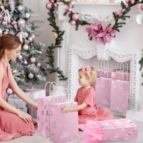 Miniatura 6 de Pasimy 24 bolsas de regalo de Navidad rosadas con papel de seda, bolsa de papel de dulces de Navidad rosa con lámina metálica plateada de copo