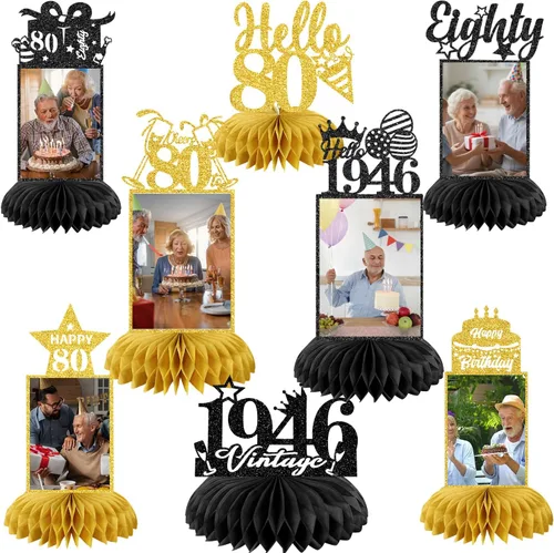 Miniatura 25 de 9 piezas de decoración de cumpleaños 70 para hombres y mujeres, centros de mesa de nido de abeja de feliz cumpleaños 70, decoración de mesa de 70