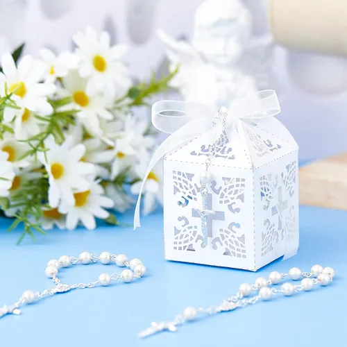 Miniatura 3 de 50 paquetes de recuerdos de bautizo con cuentas de rosario acrílicas, perlas falsas con bolsas de organza y cajas de recuerdos de bautizo con cruz