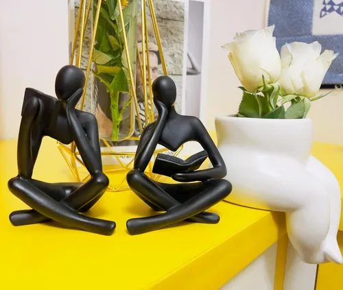 Miniatura 3 de Estatua negra de 2 piezas para decoración del hogar, estatua de pensador de lectura negra, figuras modernas, escultura estética abstracta, juego