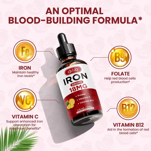 Miniatura 2 de Suplemento de hierro líquido para mujeres y hombres, suplementos de hierro para anemia con folato, vitamina C, B12 para soporte de glóbulos rojos